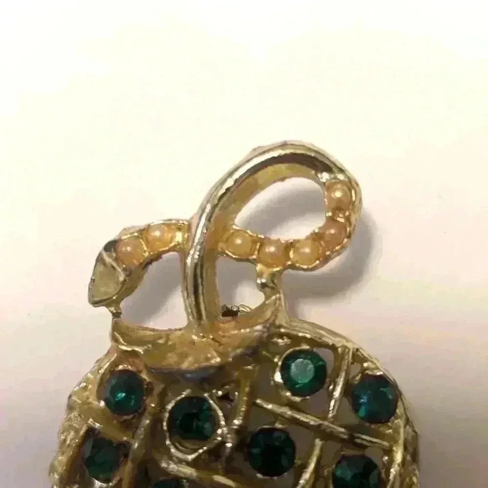 Gold Tone Green Rhinestone Apple Brooch - Picture 2 of 5